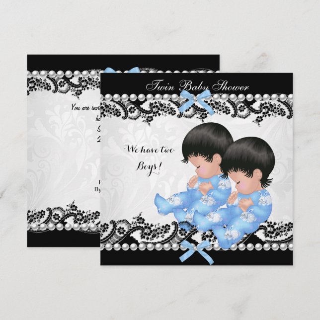 Invitation Bébé Jumeaux Garçons Shower Cute Garçon Bleu (Devant / Derrière)