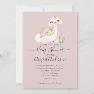 Invitation Bébé lama avec des fleurs blanches et roses Adorab