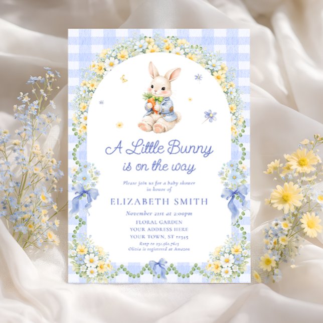 Invitation Bébé Lapin Mignon Gingham Garçon Baby Shower (Créateur téléchargé)