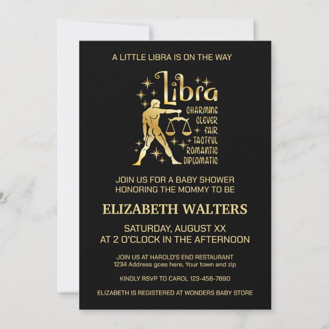Invitation Bébé Libra Or et Noir Shower Céleste (Devant)