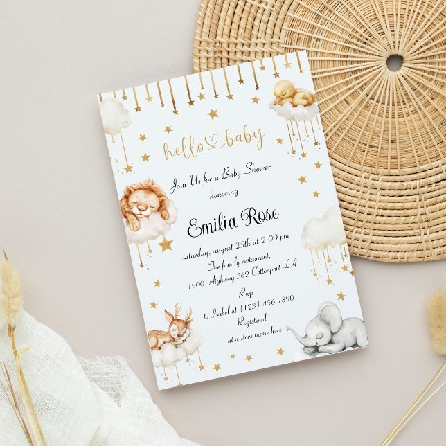 Invitation Bébé Licorne Fête Prénatale Étoiles Dorées Mignon  (Créateur téléchargé)