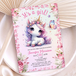 Invitation Bébé Licorne Fille Rose Violet Floral Mignon