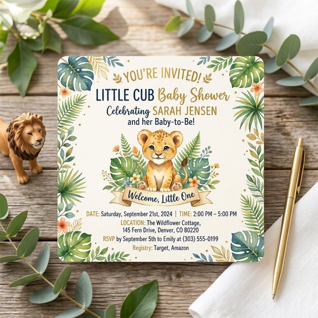 Invitation Bébé lionceau mignon Safari tropical verdure Showe (Créateur téléchargé)