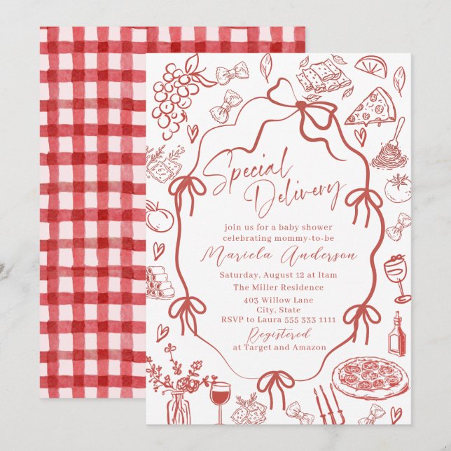 Invitation Bébé Livraison Spéciale Pâtes Rouges Aquarelle Élé (Devant / Derrière)