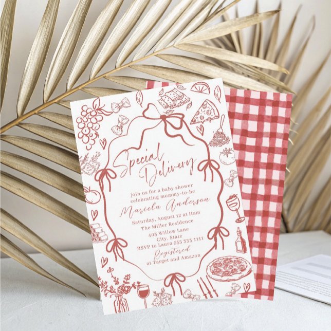 Invitation Bébé Livraison Spéciale Pâtes Rouges Aquarelle Élé (Créateur téléchargé)