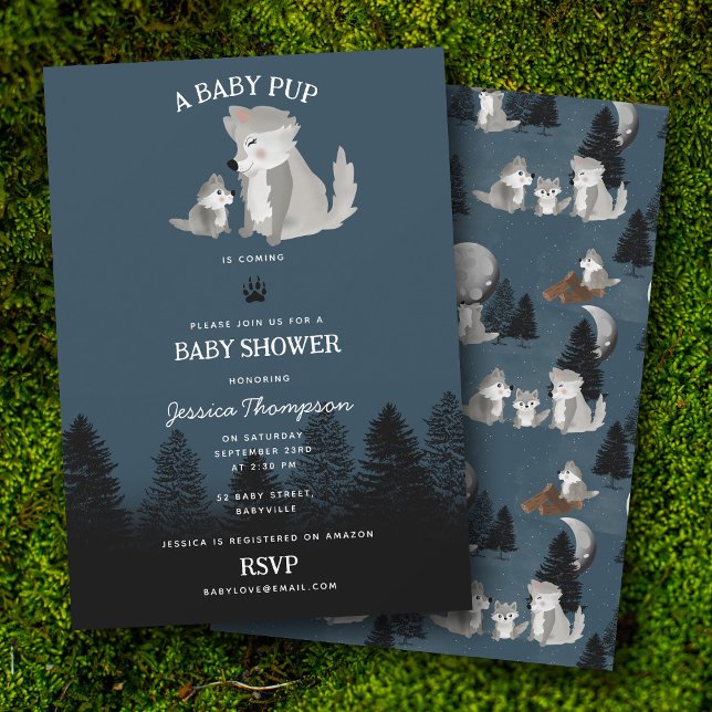 Invitation Bébé Loup Mignon et Maman Fête de Naissance en For (Cute Wolf Baby Pup and Mom Woodland Baby Shower Invitation)