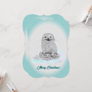 Invitation Bébé loutre de mer blanche mignonne, Joyeux Noël