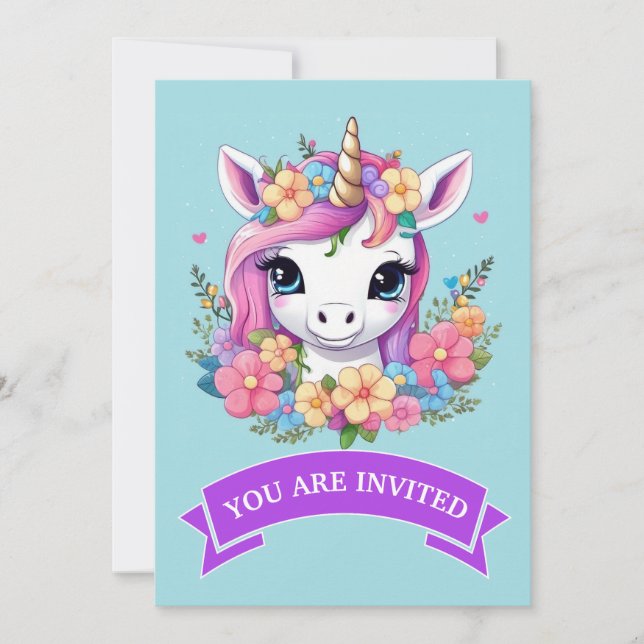 Invitation Bébé magique licorne avec fleurs (Devant)