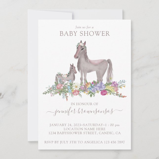 Invitation Bébé Maman Cheval Floral (Devant)