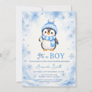 Invitation Bébé manchot flocon de neige bleu hiver Shower