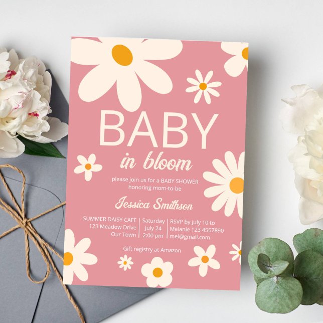 Invitation Bébé marguerrier rétro en fleur baby shower rose d (Baby in bloom retro groovy boho daisy desert pink baby shower invitation template instant download)