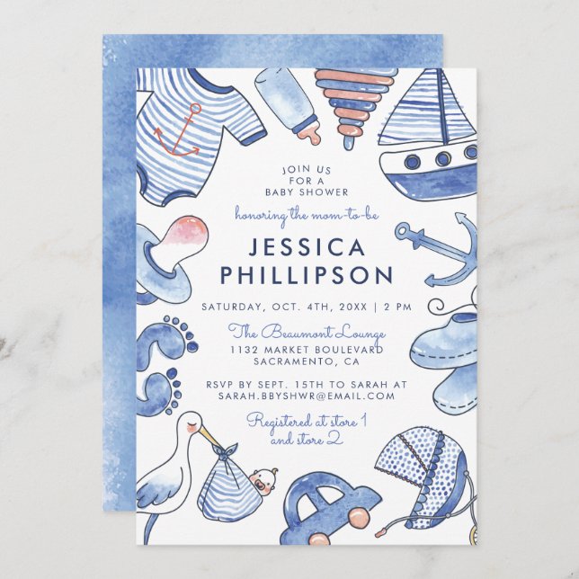 Invitation Bébé marin | Baby shower d'aquarelle bleue (Devant / Derrière)