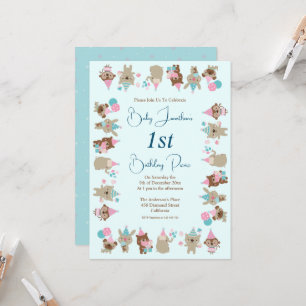 Invitation Bébé mignon Animaux célébrant le 1er anniversaire 