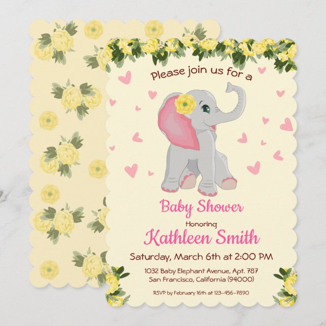 Invitation Bébé mignon Aquarelle Eléphant Baby shower Floral (Devant / Derrière)