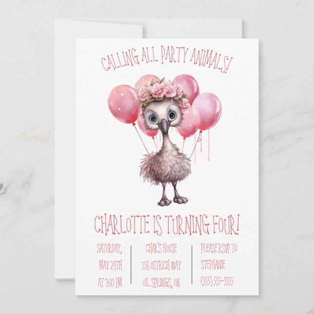 Invitation Bébé mignon autruche avec ballons fête d'anniversa (Devant)