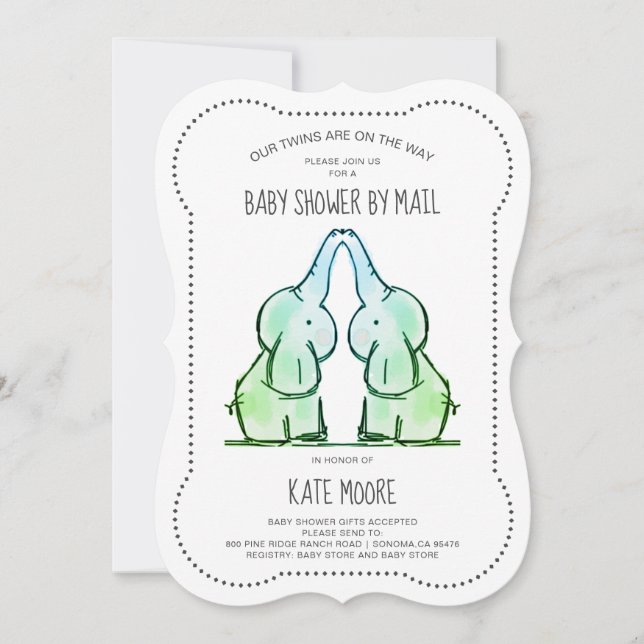 Invitation Bébé mignon Baby shower Twins Elephant par courrie (Devant)