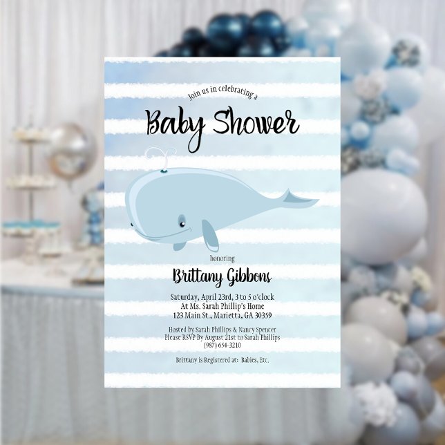 Invitation Bébé mignon Bleu Baleine Baby shower rayé (Créateur téléchargé)