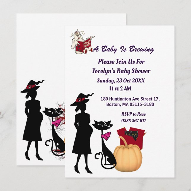 Invitation Bébé mignon brasse sorcière Baby shower Fantôme de (Devant / Derrière)