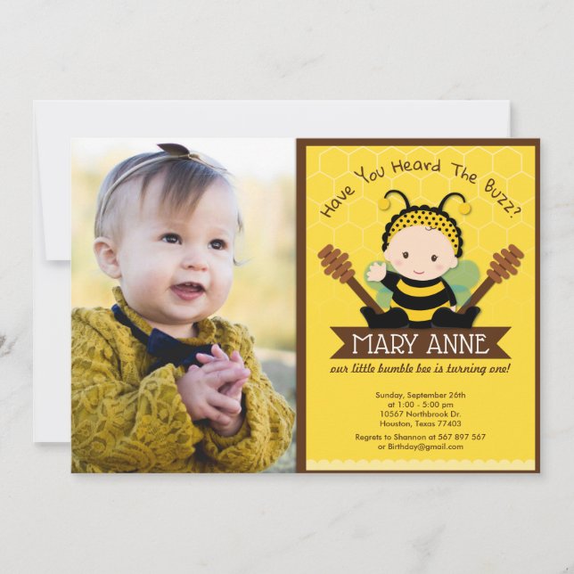 Invitation Bébé mignon Bumble Bee Honey Bee 1er Anniversaire  (Devant)
