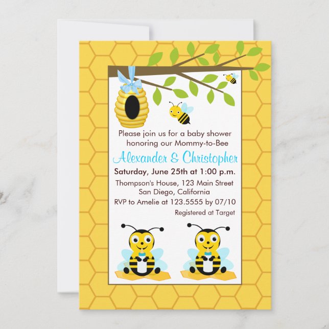 Invitation Bébé mignon Bumblebee Baby shower jumeau garçon (Devant)