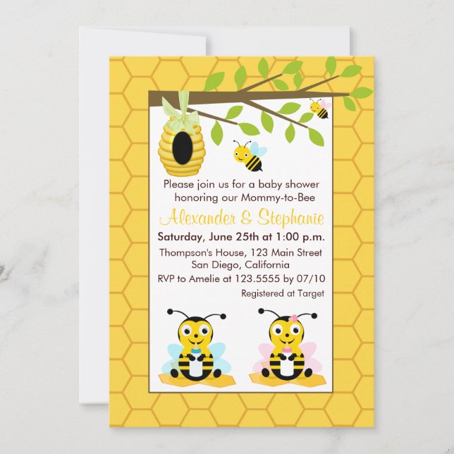 Invitation Bébé mignon Bumblebee Twin Girls Baby shower garço (Devant)