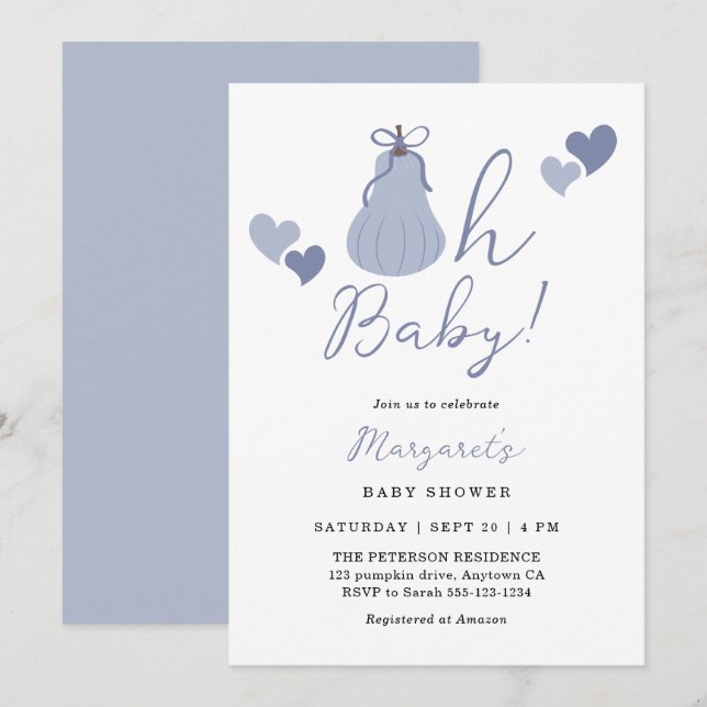 Invitation Bébé mignon Citrouille bleu Bow Baby shower garçon (Devant / Derrière)
