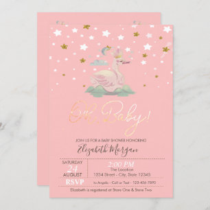 Invitation Bébé mignon Couronne cygne étoiles Baby shower ros