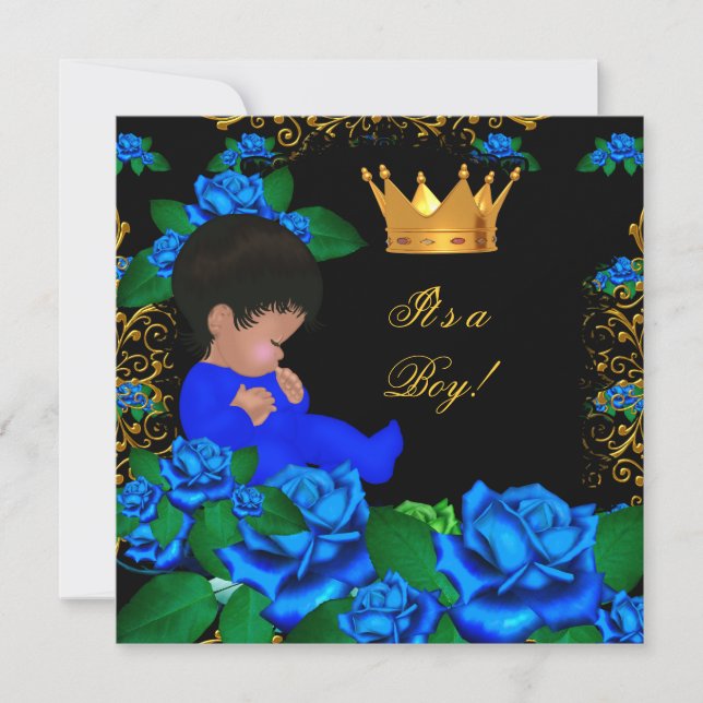 Invitation Bébé mignon couronne de prince garçon bleu or 8 (Devant)