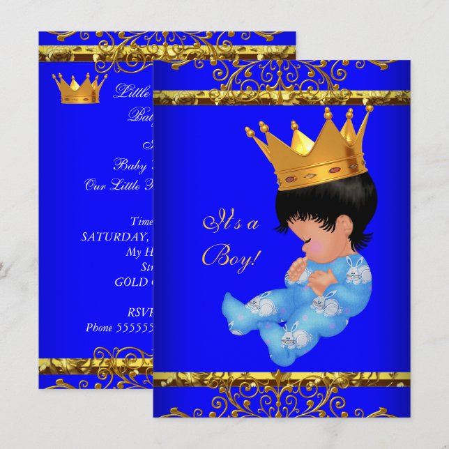 Invitation Bébé mignon couronne prince bleu or garçon 4 (Devant / Derrière)