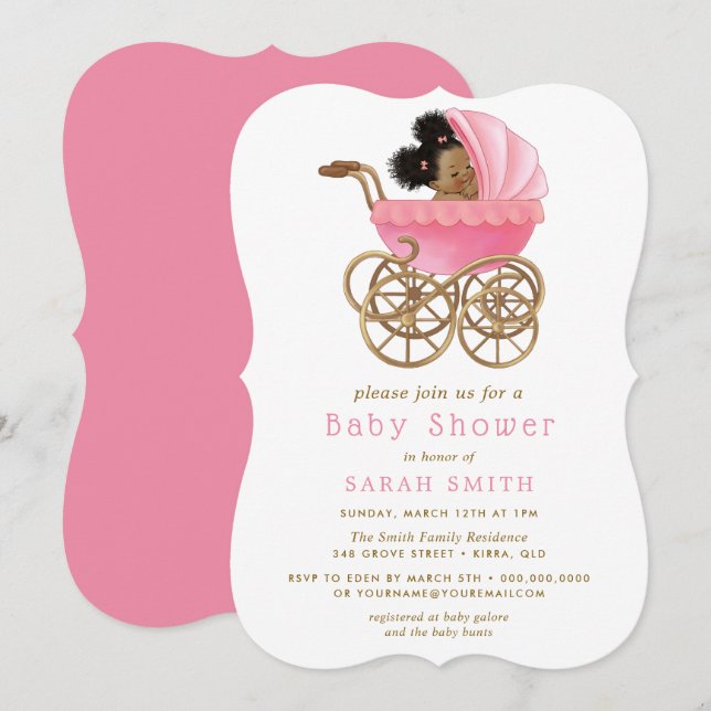 Invitation Bébé mignon dans Poussette Baby shower rose invita (Devant / Derrière)