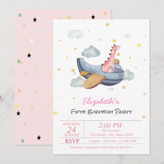 Invitation Bébé mignon Dino étoiles avion Anniversaire (Devant / Derrière)