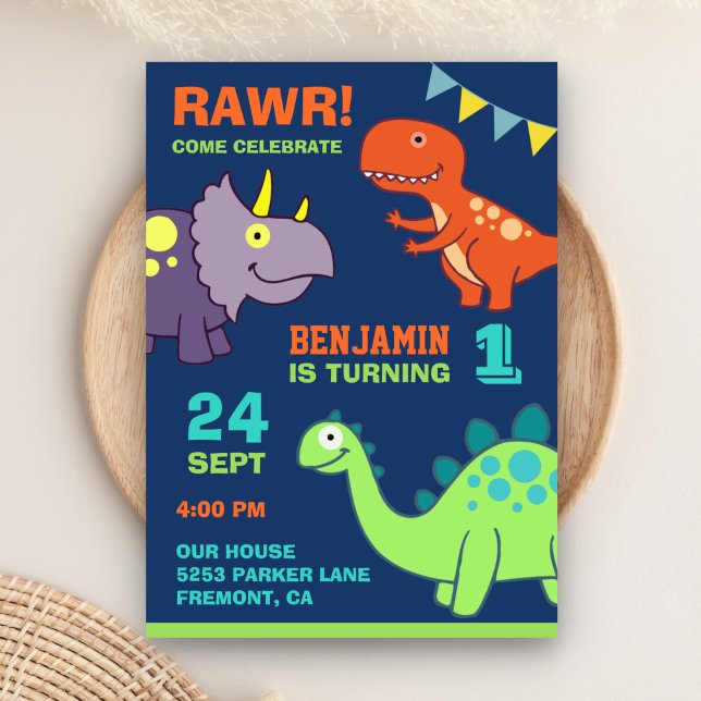 Invitation Bébé mignon Dinosaur première fête d'anniversaire  (Créateur téléchargé)