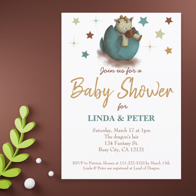 Invitation Bébé mignon Dinosaure Hatching Baby shower neutre (Cute gender neutral dragon baby shower invitation)