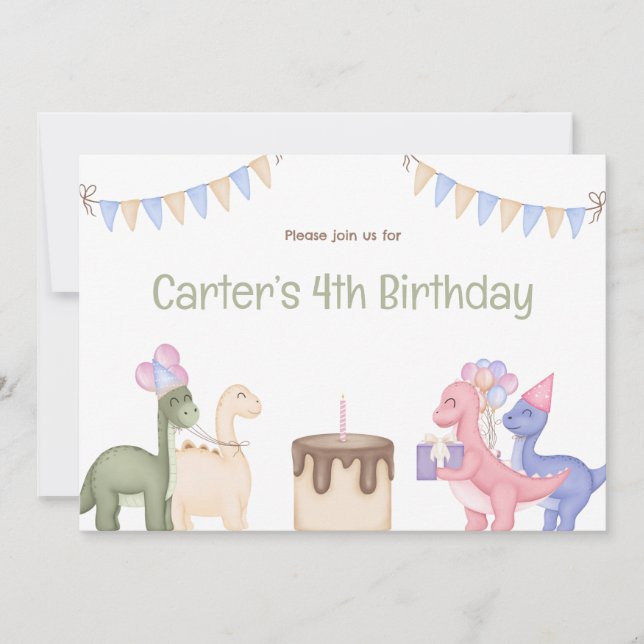 Invitation Bébé mignon Dinosaures Et Cake Enfant Anniversaire (Devant)