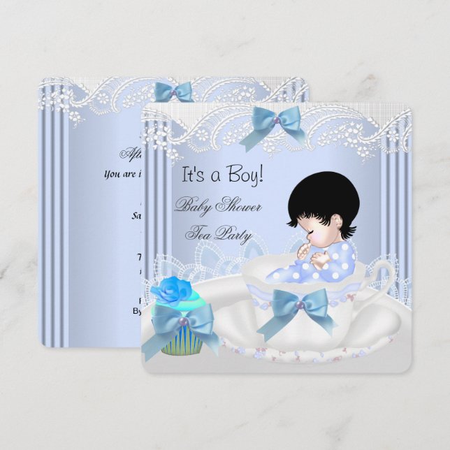 Invitation Bébé mignon douche bébé garçon bleu bébé tasse à t (Devant / Derrière)