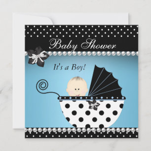 Invitation Bébé mignon douche bébé garçon bleu noir landau