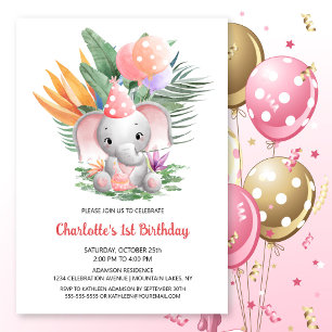 Invitation Bébé mignon éléphant 1er anniversaire fête
