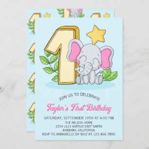 Invitation Bébé mignon éléphant 1er Anniversaire Fête Invitat