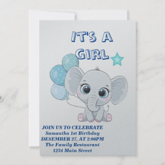 Invitation Bébé mignon éléphant avec ballons fille bébé bébé