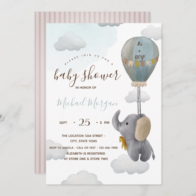 Invitation Bébé mignon Eléphant Baby shower à rayures de ball (Devant / Derrière)