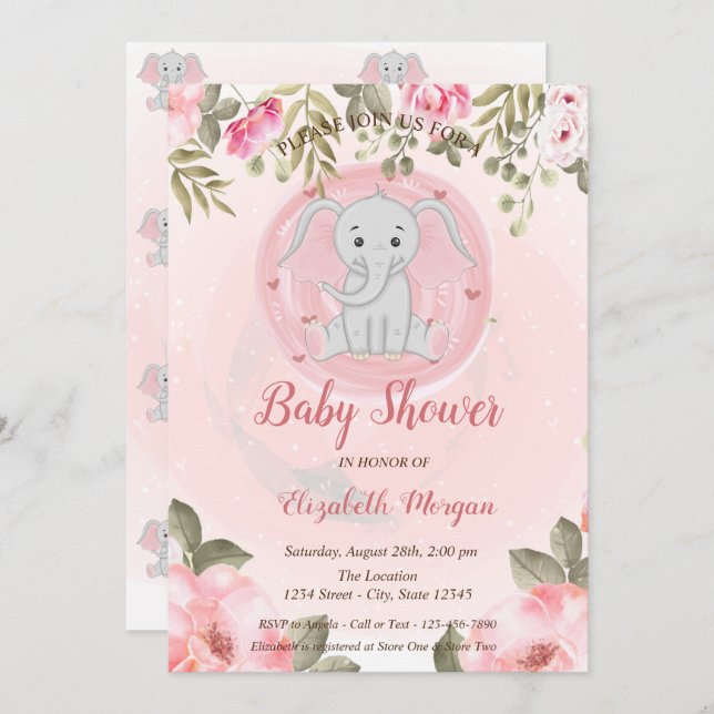 Invitation Bébé mignon Eléphant, Baby shower Floral (Devant / Derrière)