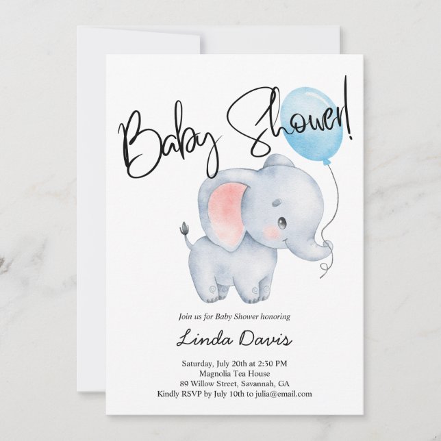 Invitation Bébé mignon Eléphant Bleu Baby shower de ballon (Devant)
