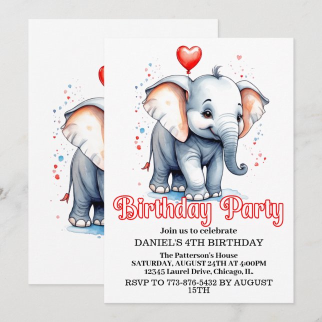 Invitation Bébé mignon éléphant fête d'anniversaire (Devant / Derrière)