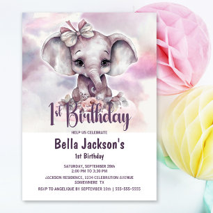 Invitation Bébé mignon Eléphant Fille 1er anniversaire fête