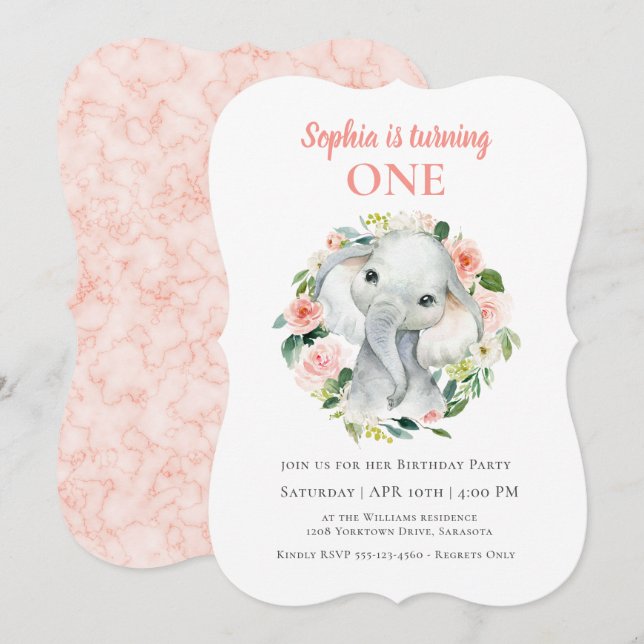 Invitation Bébé mignon Elephant Fille d'Anniversaire (Devant / Derrière)