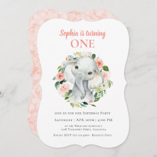 Invitation Bébé mignon Elephant Fille d'Anniversaire