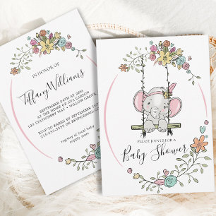 Invitation Bébé mignon Eléphant Fille Flore Baby shower à nei