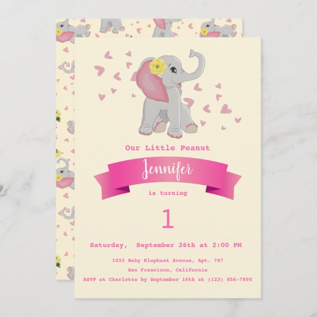 Invitation Bébé mignon Eléphant Floral Première fête d'annive (Devant / Derrière)