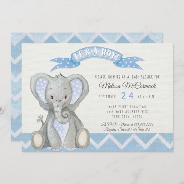 Invitation Bébé mignon Eléphant Garçon Douche Chevron Bleu Bl (Devant / Derrière)