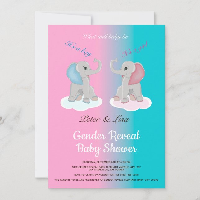 Invitation Bébé mignon éléphant Genre Révélation Baby shower  (Devant)